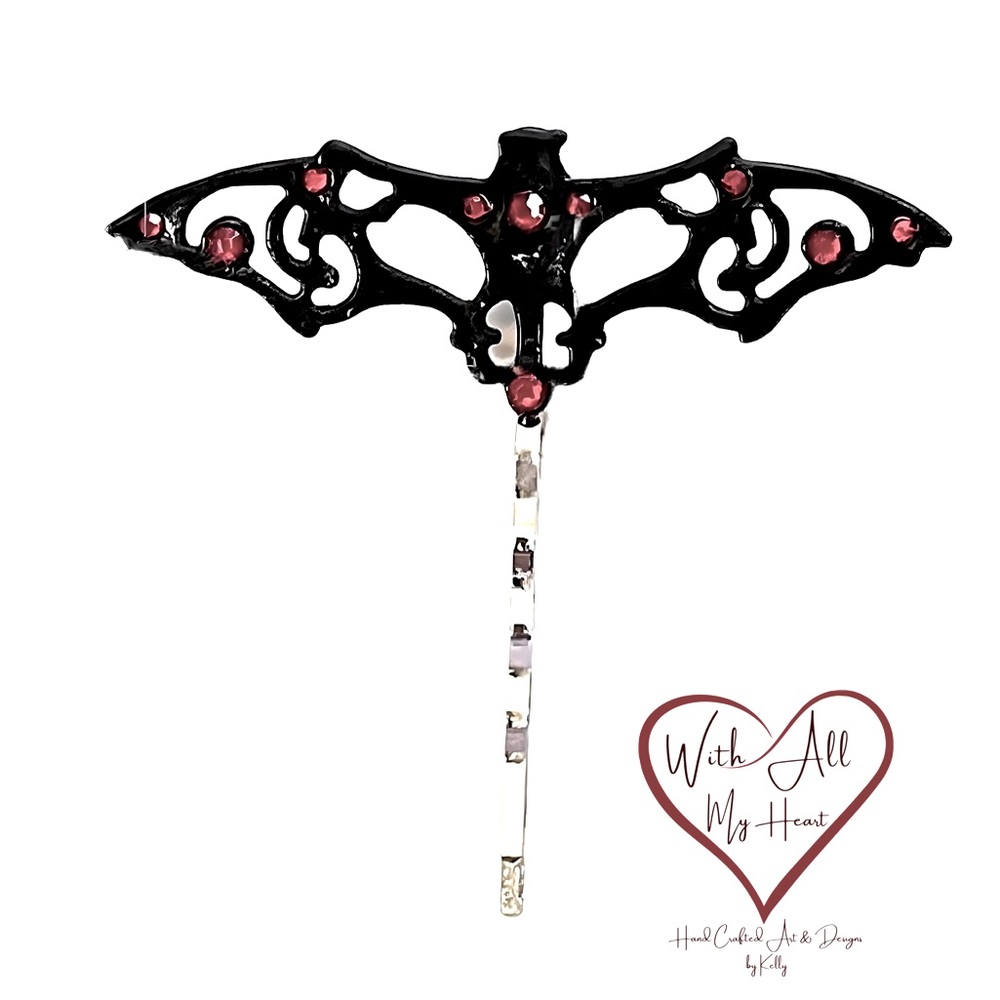 With All My Heart- Hand Crafted Art & Designs- Black Metal Filigree Bat Hair Pin
